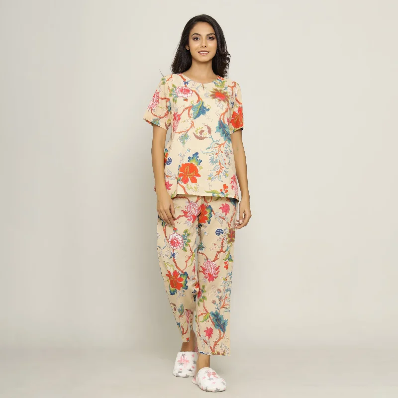 Beige Cotton Printed Night Suit Set with Pajama