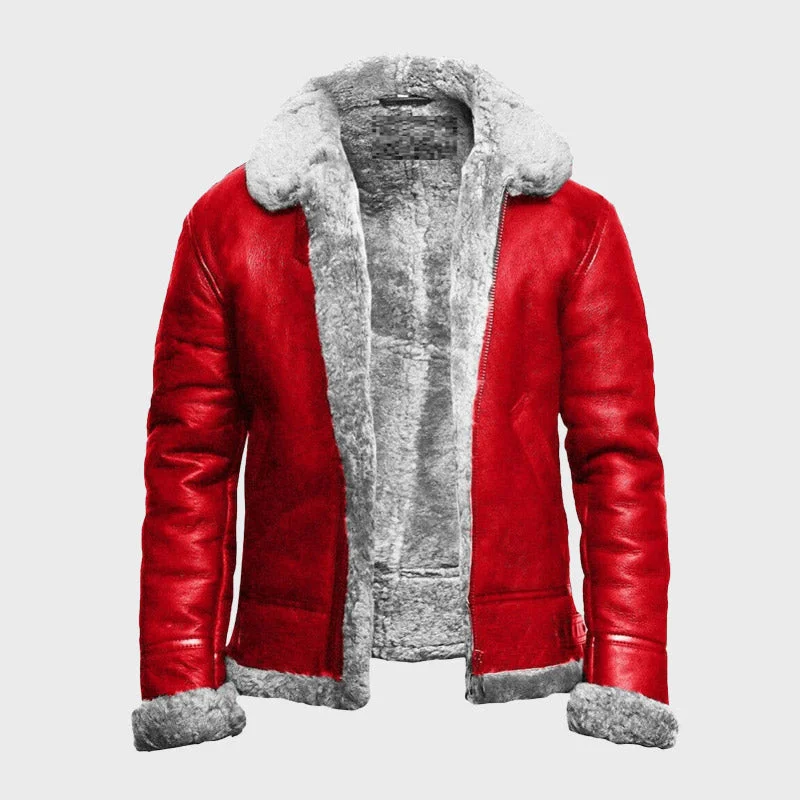 Holiday Christmas Red A2 Bomber Aviator With Real Fur Collar Genuine Leather Jacket