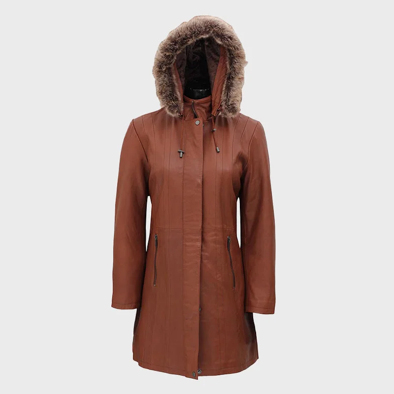 Hooded Brown Long Fur Collar Leather Coat Women