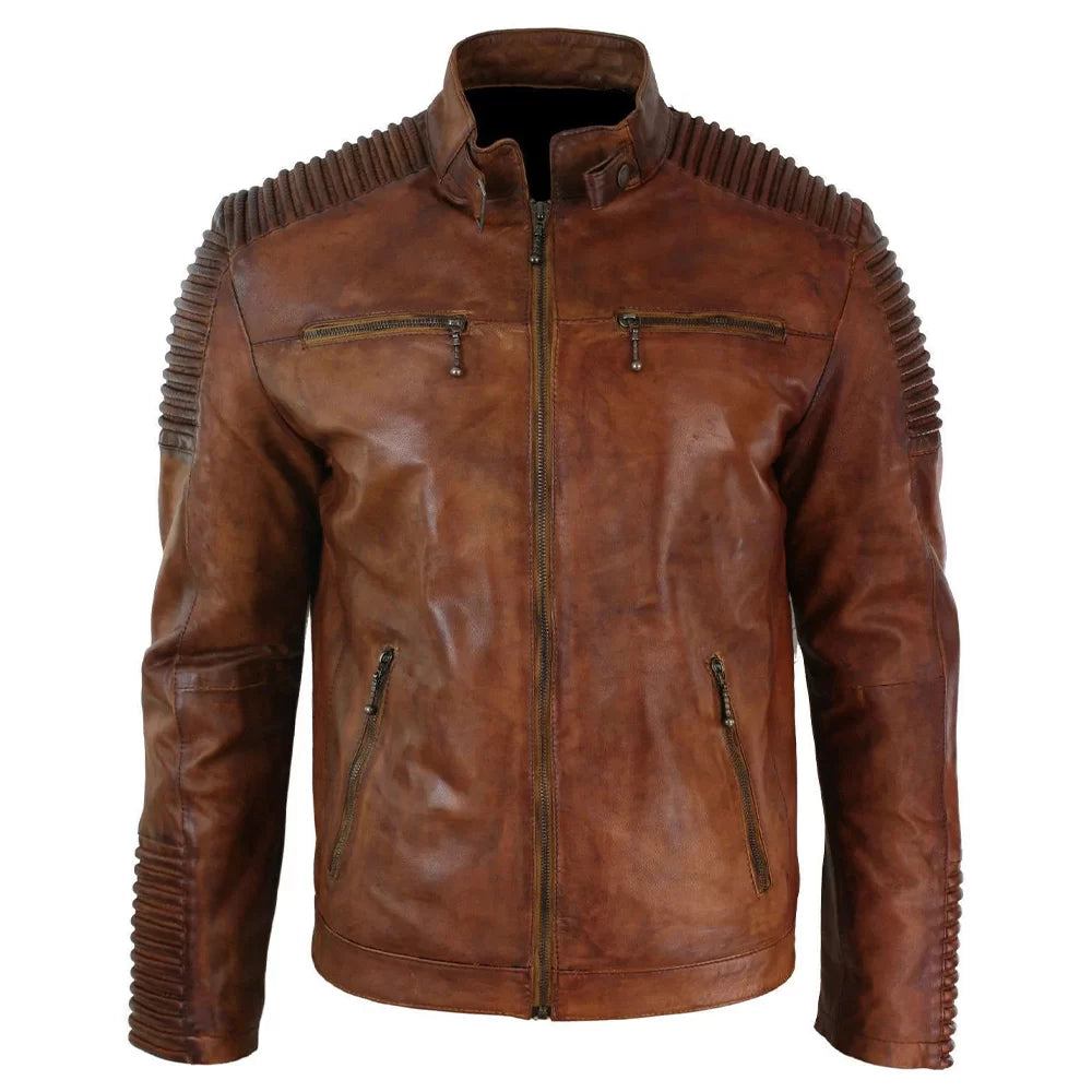 Men’s Classic Diamond Brown Distressed Leather Jacket