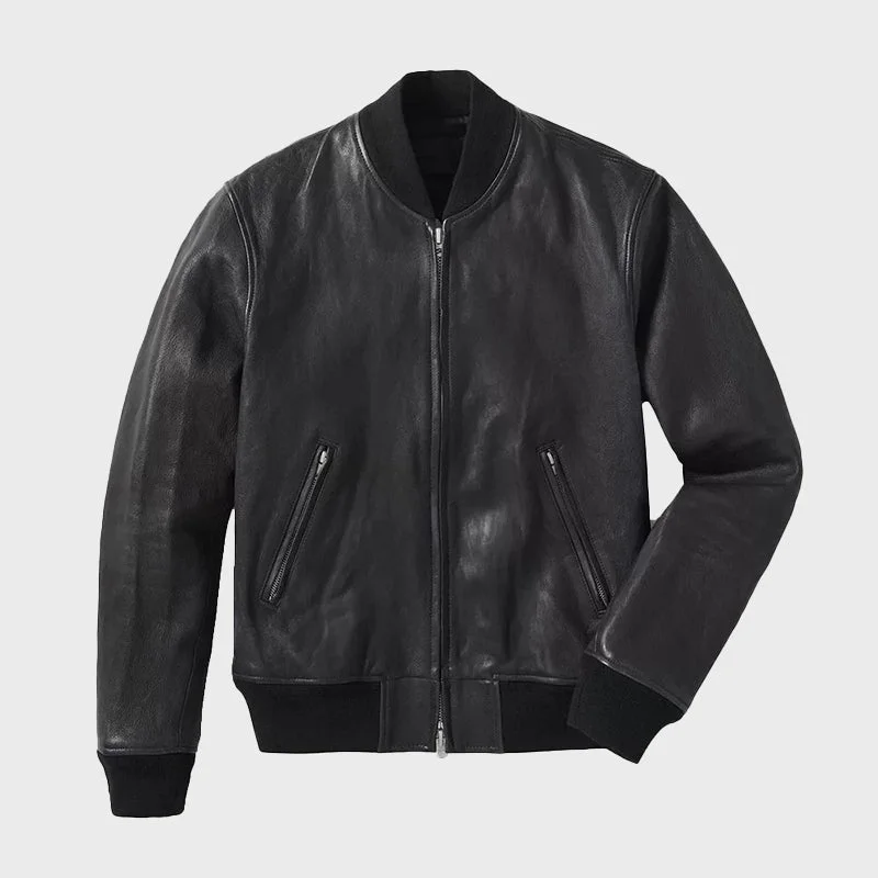 Men's Black Leather Bomber Jacket