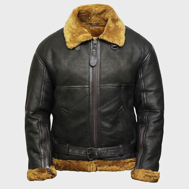 Men's Black Shearling Sheepskin Flying Jacket