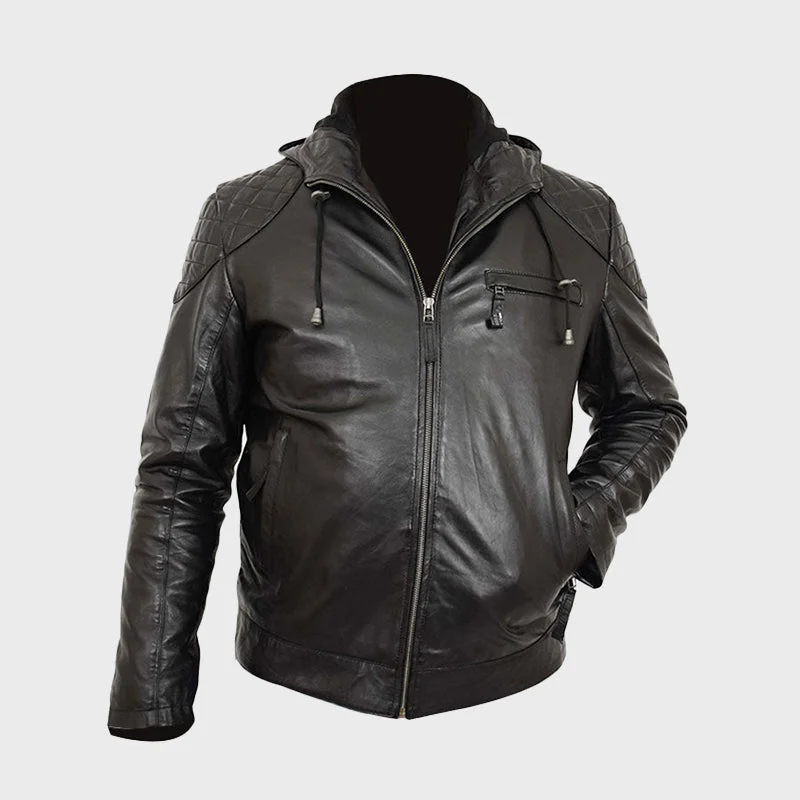 Men's Black Leather Sports Jacket With Hood