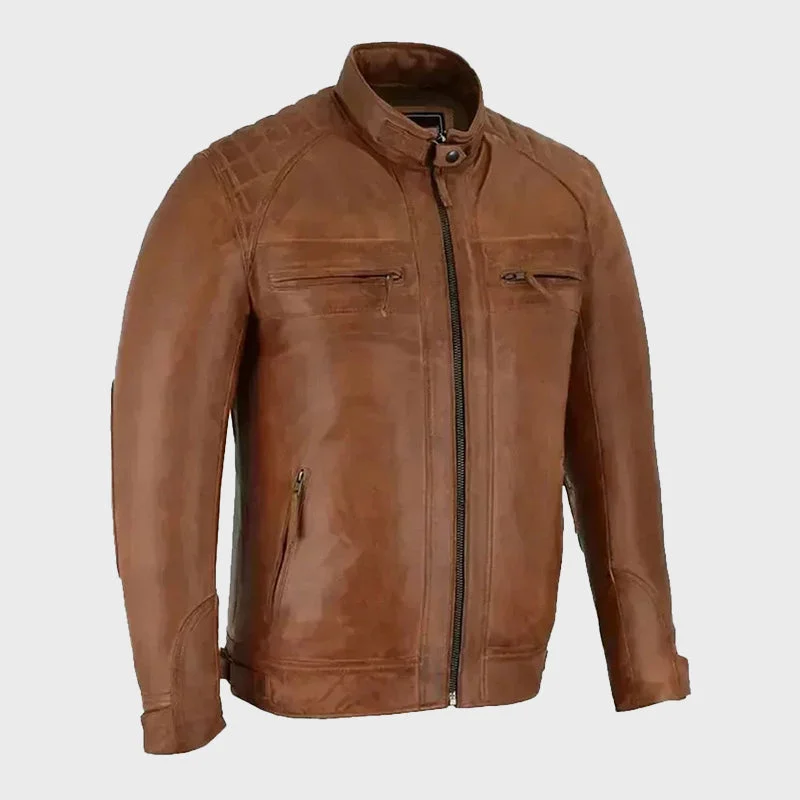 Men's Quilted Shoulder Brown Cafe Racer Jacket