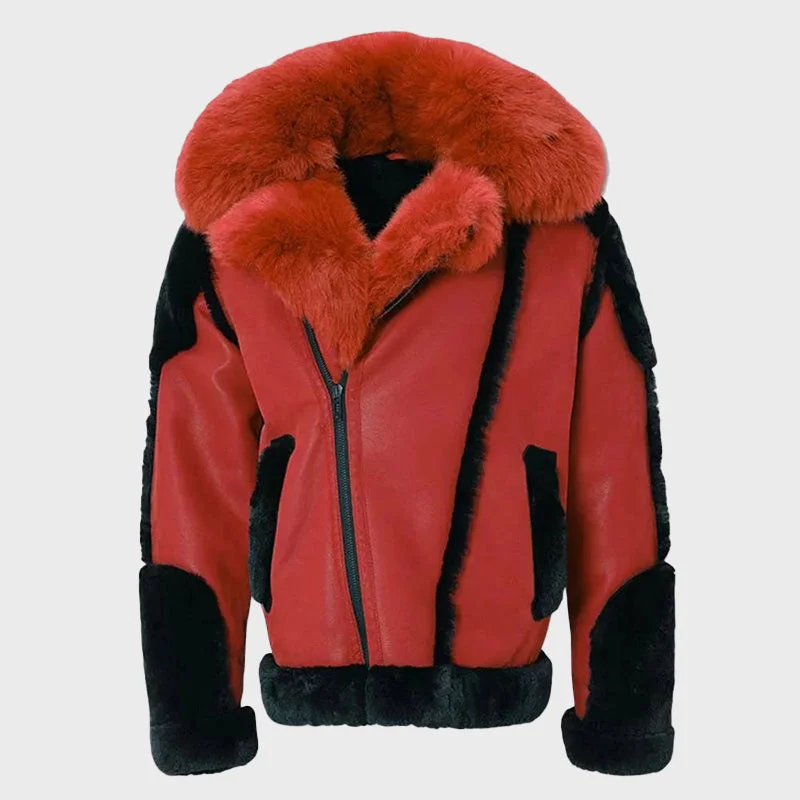 Men's Red Shearling Moto Leather Jacket