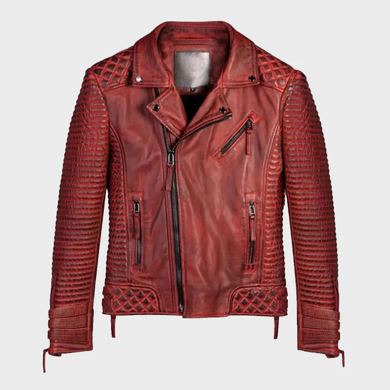 Men's Red Waxed Motorcycle Leather Jacket