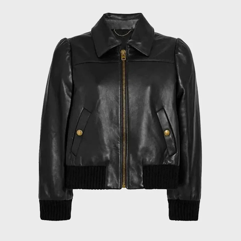 Women's Black Aviator Leather Bomber Jacket