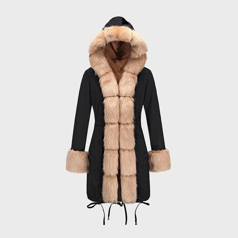 Women's Black Big Fur Hooded Cotton Coat