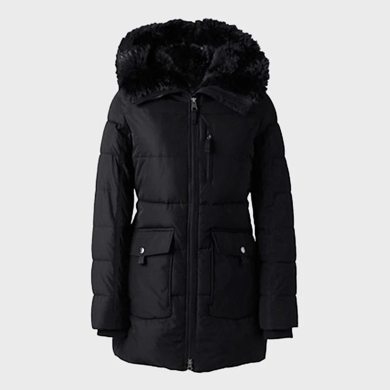 Women's Black Fur Hooded Polyester Parka Coat