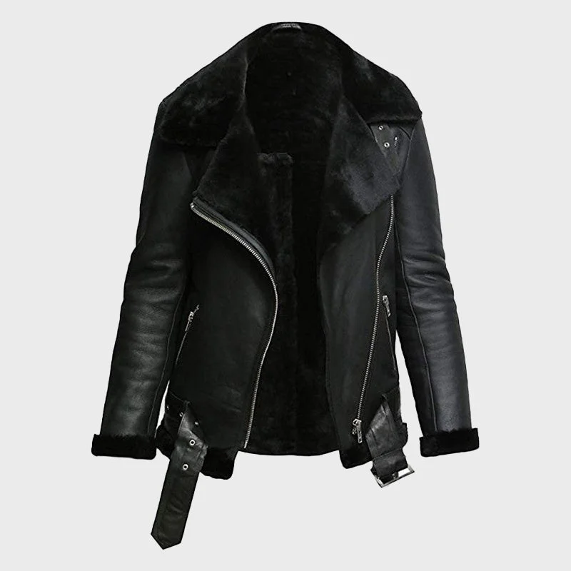 Women's Black Real Sheepskin Leather Flying Jacket