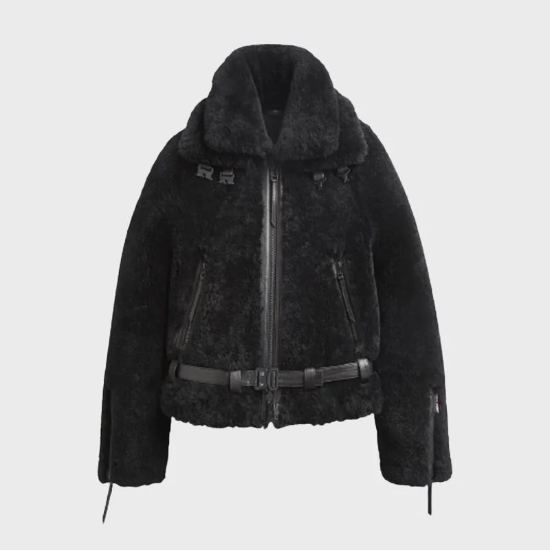 Women's Black Shearling Leather Bomber Jacket