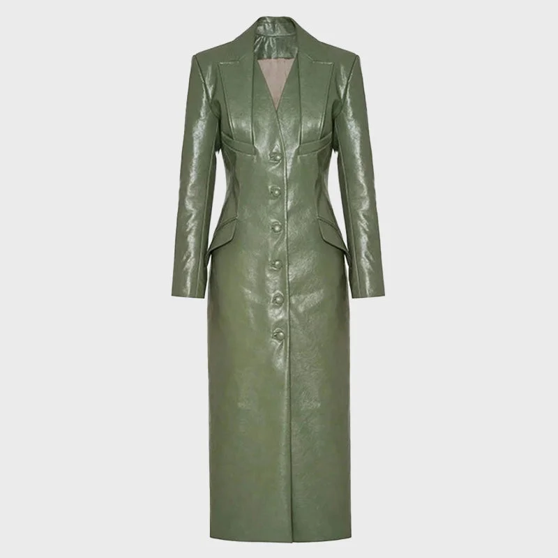 Women's Green Long Leather Coat