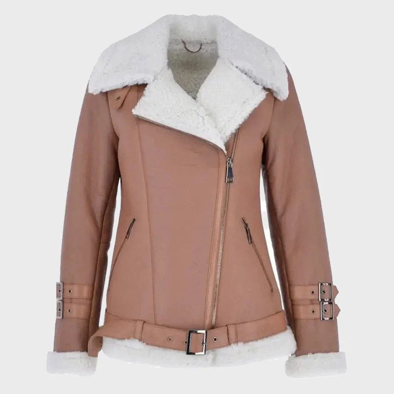 Women's Light Tan Side Zip Sheepskin Pilot Leather Jacket