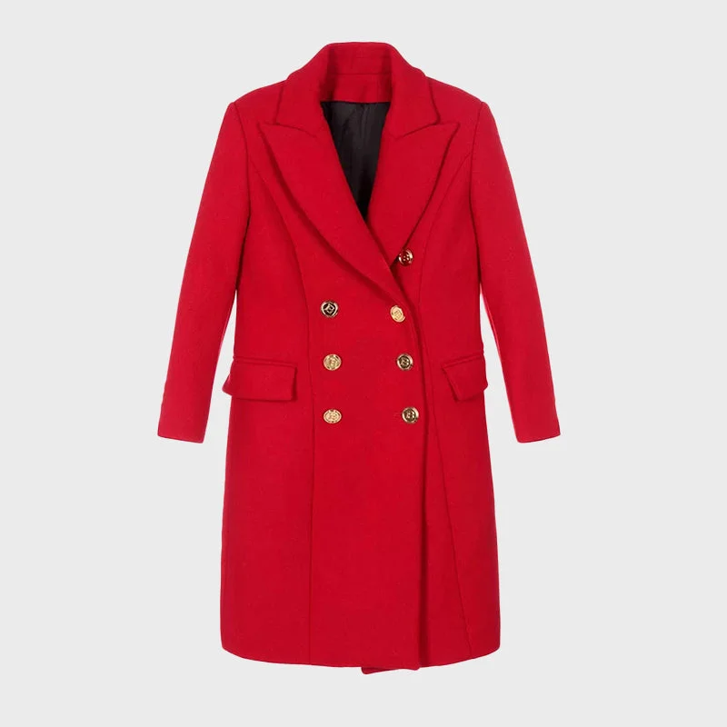 Women's Red Double Breasted Coat With Golden Buttons