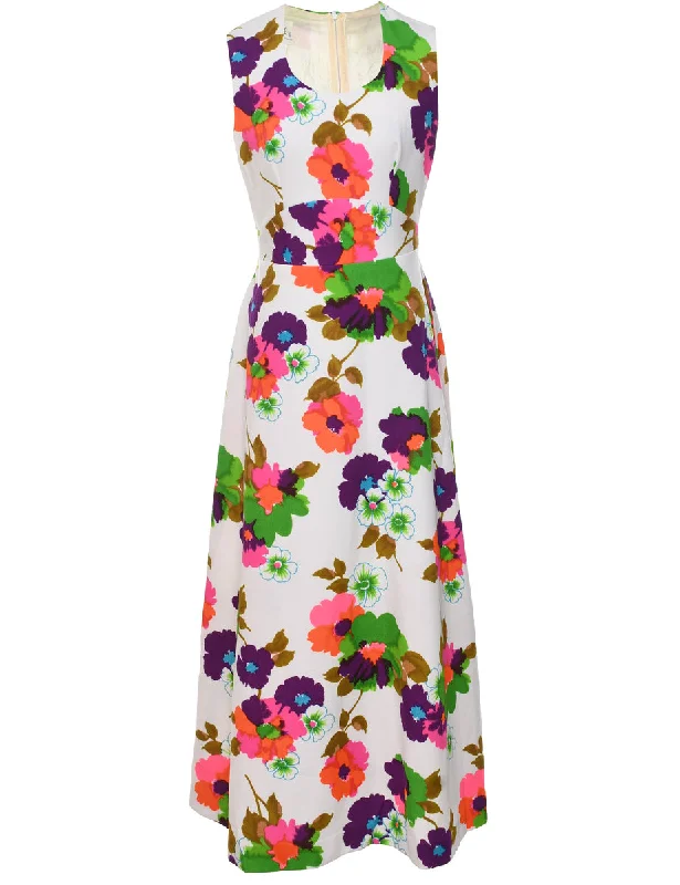 1970s Floral Print Maxi Dress - M