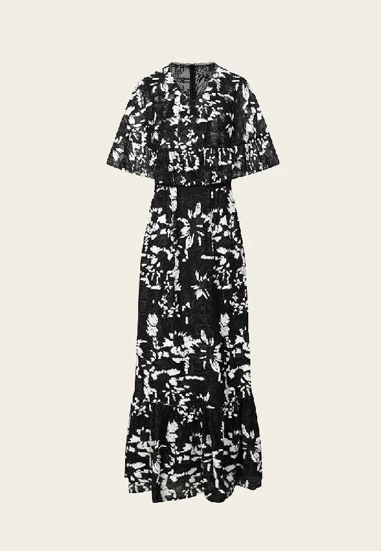 Black Floral Embroidered and Sequined Maxi Dress