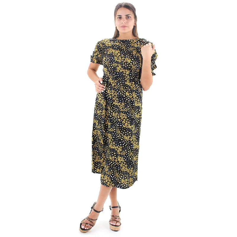 Women's Sunflower Print Midi Dress,Black