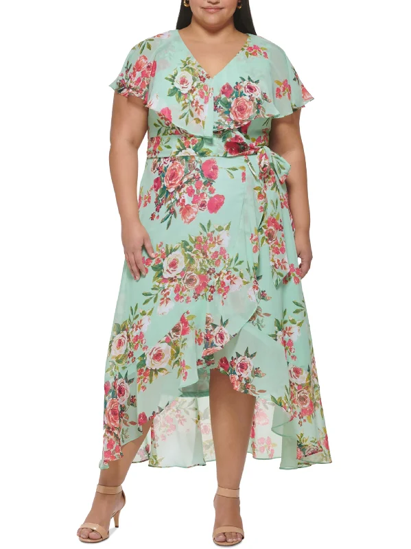 Women's Floral Printed Asymmetric MIDI Dress,Light Green