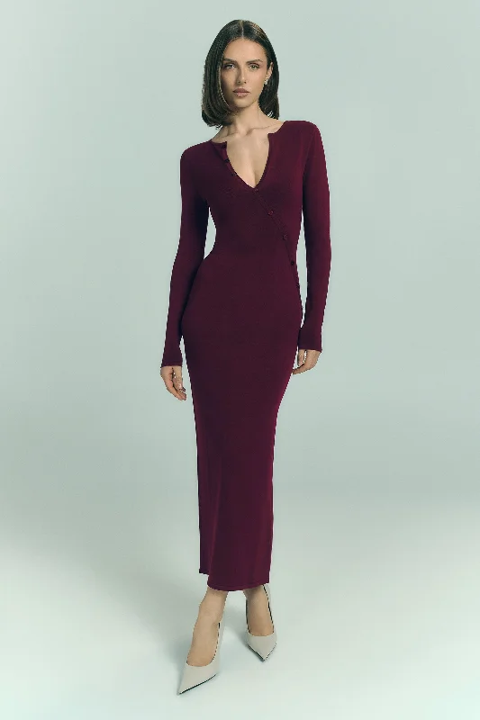 Maria Long Sleeve Buttoned Knit Maxi Dress - Plum