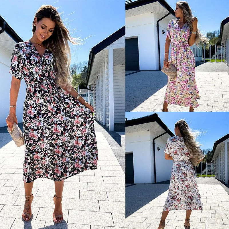 The New V-Neck Waistband Lace-Up Print Midi Dress