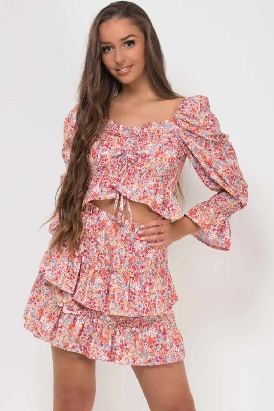 Floral Ruched Top And Skirt Co Ord Set