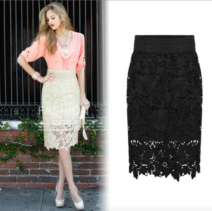 High Quality Women Lace Skirt A-Line Hollow Out White Black SKirt Knee Length Plus SIze S-3XL