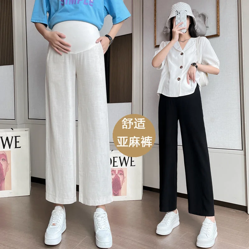 NiDELL Pregnant Women's Pants . Summer Thin Outer Wear Fashion Casual Loose Wide-Leg Pants Large Size Cotton and Linen Cropped Maternity Pants