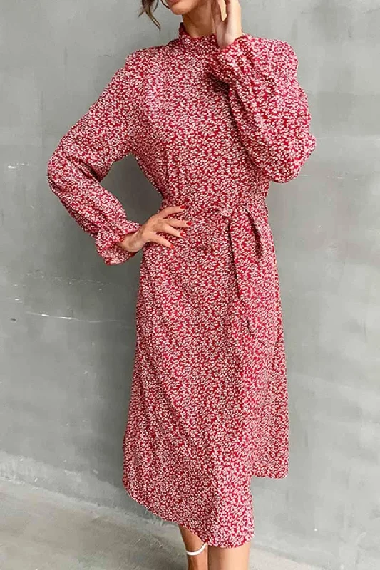 FLORAL HIGH NECK FRILL RIBBED LONGSLEEVE DRESS