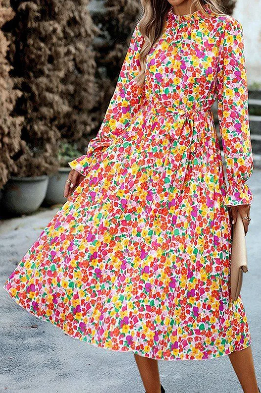 SHIRRED HIGH NECK LANTERN SLEEVE FLORAL DRESS