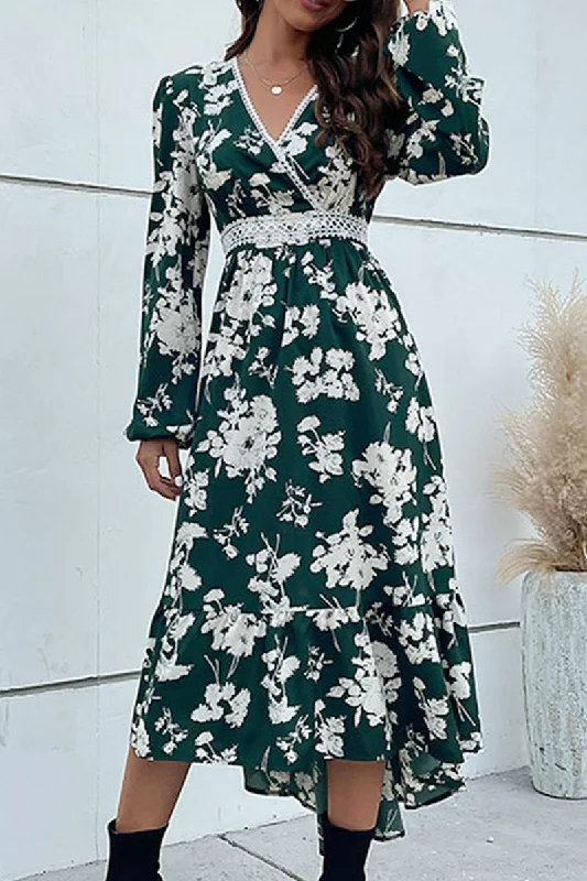 FLORAL PATTERN V NECK ELEGANT DRESS