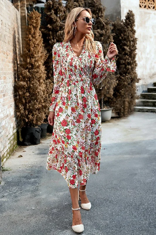 WOMEN HIGH WAIST LONG SLEEVE FLORAL FLOWY DRESS