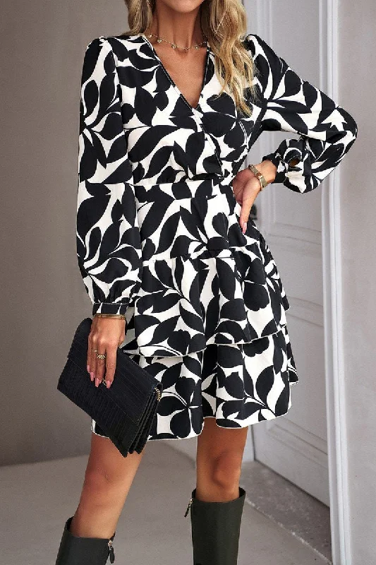 WOMEN WRAP STYLE PATTERNED LONG SLEEVE CAKE DRESS