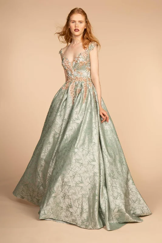 Floral Jewel Embellished Long Prom Dress