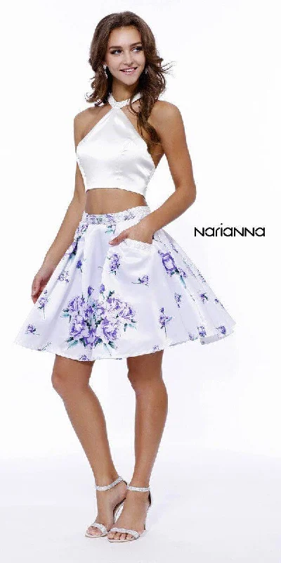 Two Piece Floral Print Prom Dress Ivory/Purple