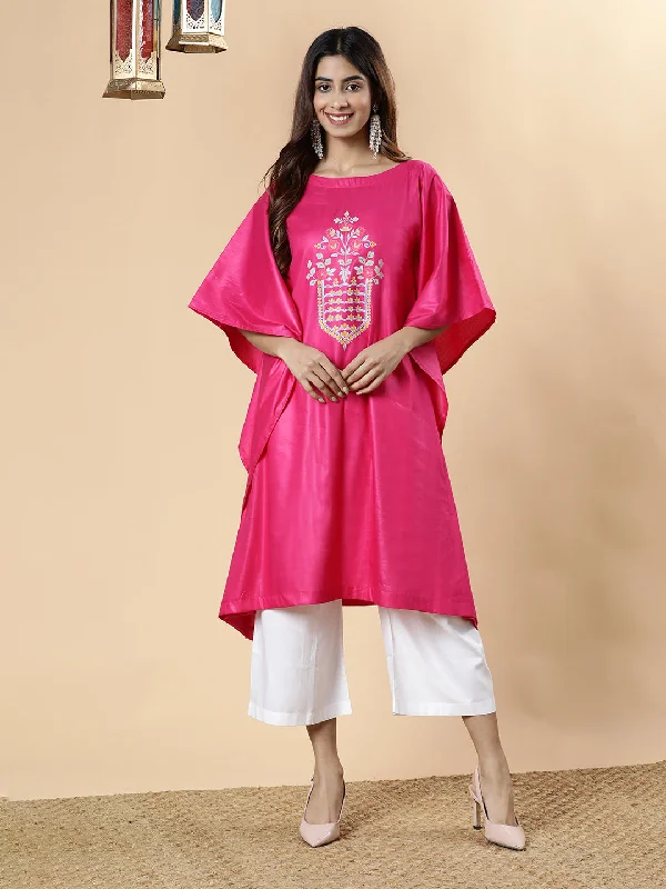 Magenta Rayon Long-Kaftan - Mughal Print