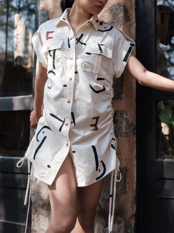 Ecru Line Printed Sunrise Gather Shirt Dress Off White