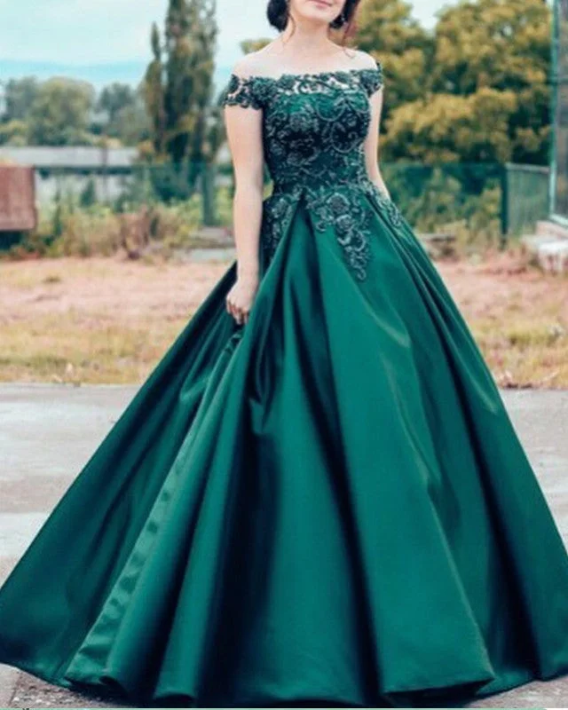 Ball Gown Off Shoulder Lace Beaded Prom Dresses With Pockets