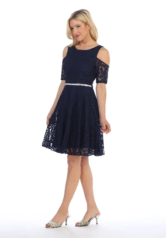 Cold Shoulder Short Lace Dress with Short Sleeves by Celavie 6307