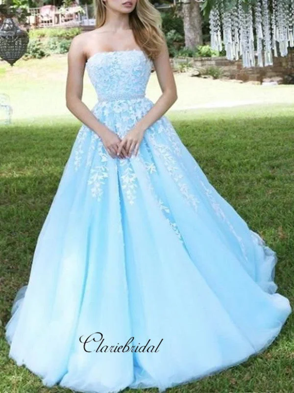 Gorgeous Strapless Lace Prom Dresses, A-Line Beaded Elegant Prom Dresses