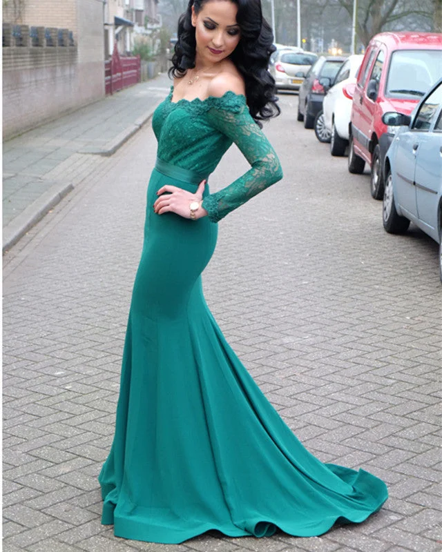 Lace Long Sleeves Mermaid Prom Dresses Off The Shoulder Evening Gowns