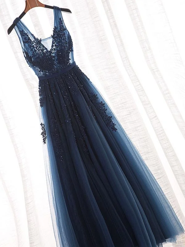 Navy Lace Beaded Prom Dresses, A-line Appliques Prom Dresses, Popular Prom Dresses