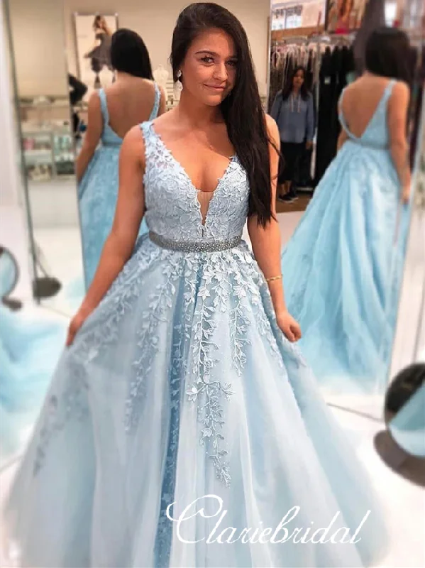 V-neck Blue Lace Beaded Prom Dresses, Affordable Prom Dresses, Popular 2020 Prom Dresses